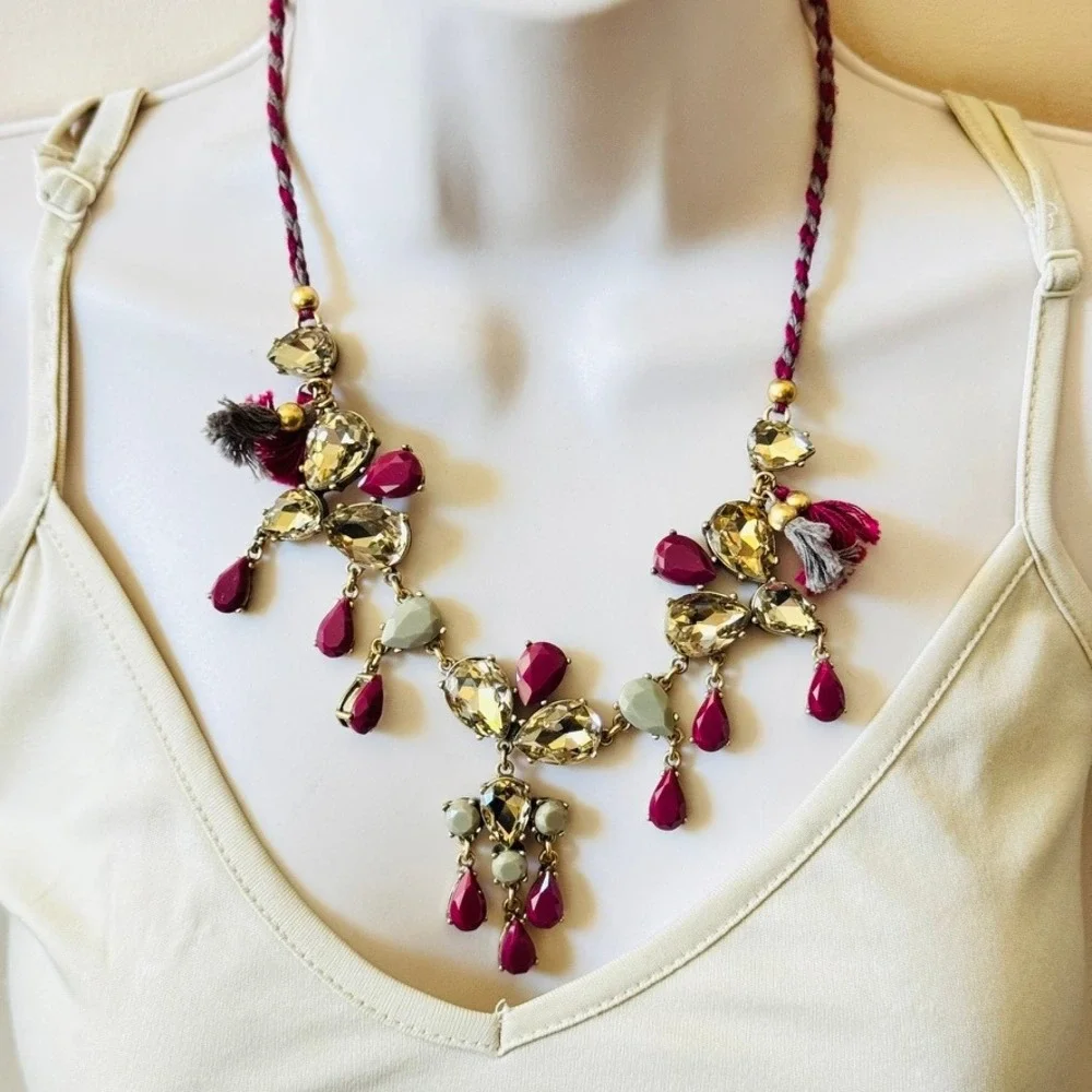 J. Crew Fringe Necklace Crystal Rhinestone Sparkly Gold Jeweled Designer Purple